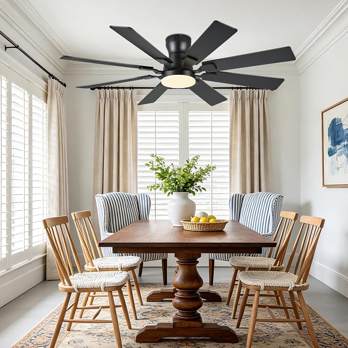 JSAITEE 52Inch Ceiling Fan with Lights, Flush Mount Low Profile, Black | Ceiling Fans,DC Reversible Motor Noiseless, 3CCT Dimmable, Dual Finish, 6 Speeds Ceiling Fan for Indoor/Outdoor