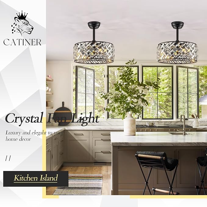 Modern Caged Ceiling Fan with Light Crystal Fandelier with Remote Control 18” Black Flush Mount Ceiling Fan DC Motor with Reversible 8 Blades 6 Speeds for Bedroom Dining Room Kitchen