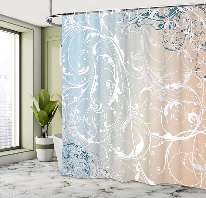Ambesonne Floral Shower Curtain, Baroque Swirl Branches Curved Flower Leaves Shabby Form Nature Pattern, Cloth Fabric Bathroom Decor Set with Hooks, 69" W x 70" L, Champagne Dust