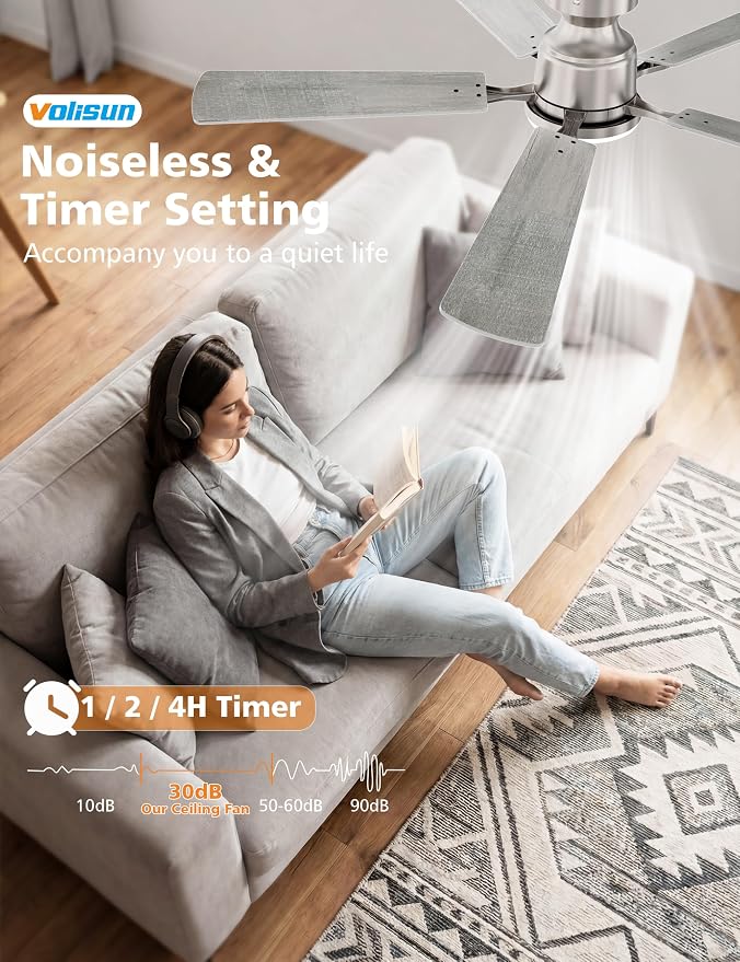 VOLISUN 52 Inch Ceiling Fan with Lights Flush Mount, Low Profile Ceiling Fans with Lights, Remote&APP Control,Dimmable 22W LED Light,Queit&Reversible Fan, Ceilings Fans for Bedroom, Living Room,Nickel