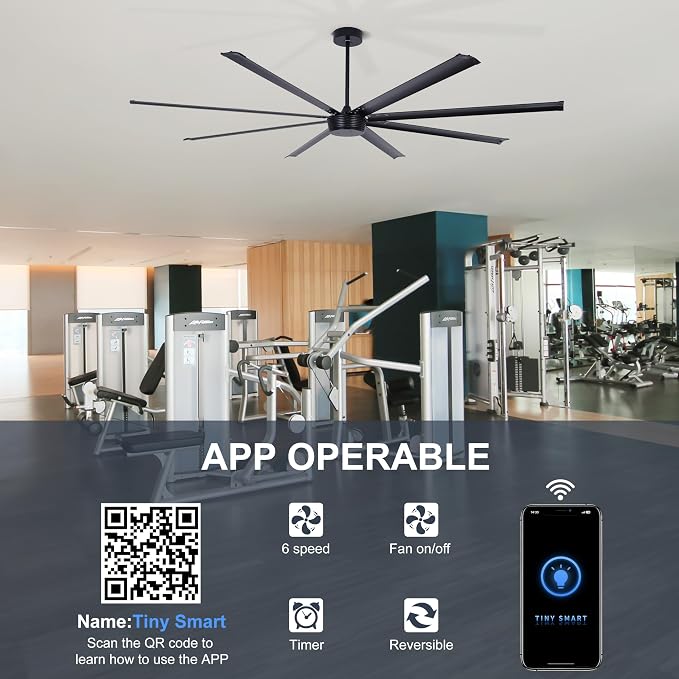 Ohniyou 96'' Industrial Ceiling Fan No Light - High CFM Large Metal Fan with 8 Aluminum Blades, Remote/APP Controlled, DC Motor, for Shop, Warehouse, Gym, Black