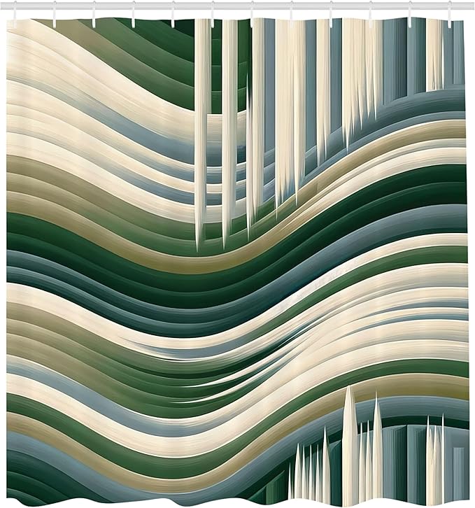 Ambesonne Striped Shower Curtain, Abstract Print Horizontal and Vertical Monochromatic Waves Stripes, Cloth Fabric Bathroom Decor Set with Hooks, 69" W x 75" L, Evergreen Blue Grey Beige