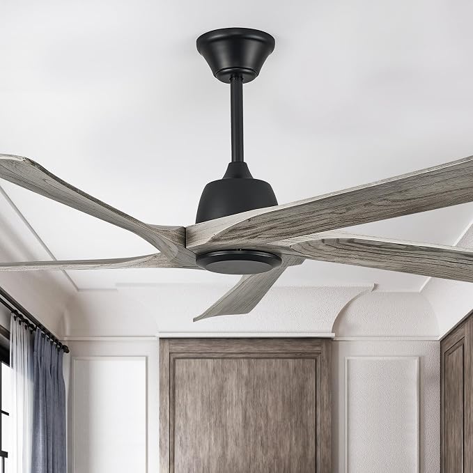 60 Inch Solid Wood Ceiling Fan No Lights, Remote and APP Control, DC Motor, 6-speed Reversible, for Bedroom, Living Room, Office, Outdoor Ceiling Fans, Greywood