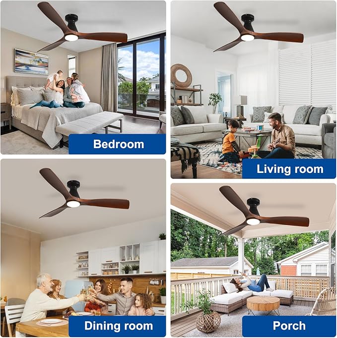 Depuley 52-Inch Ceiling Fans with Lights: Walnut 3 Blade Flush Mount Low Profile Ceiling Fan for Bedroom - Dimmable Indoor Outdoor Fan with Remote Control Ultra Quiet DC Motor Timer
