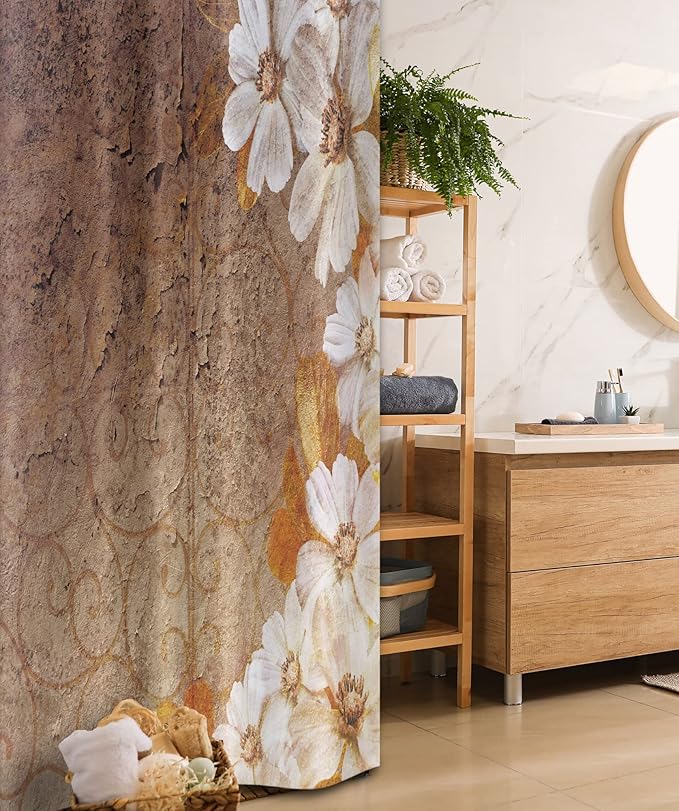 Ambesonne Grunge Stall Shower Curtain, Flowers and Leaves Pattern on Cracked Wall with Floral Lines Classic Design, Fabric Bathroom Decor Set with Hooks, 36" W x 72" L, White Brown