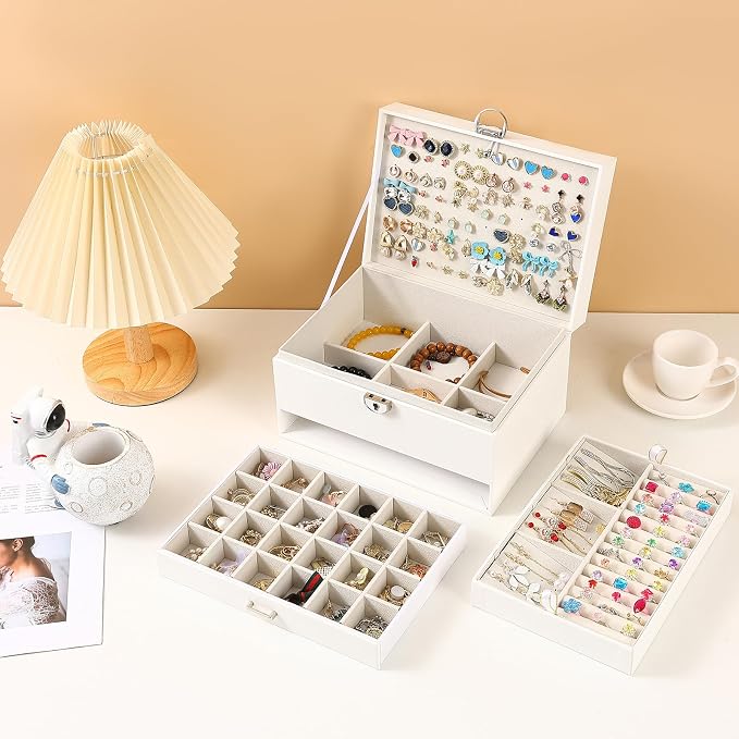BOOVO Large Jewelry Boxes For Women (White, 5 layer) | 5 Layers Jewelry Organizer Box With Cosmetic Storage Drawer, Necklace Ring Jewelry Organizer Box