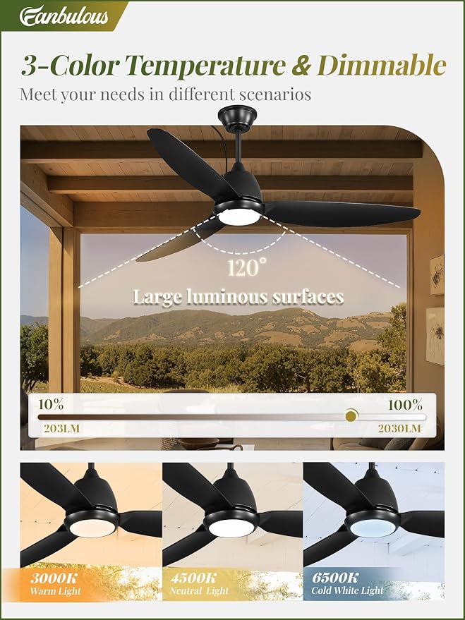 Fanbulous 52" Outdoor Ceiling Fan with Light, IP65 Waterproof Wet Rated, Plug in Gazebo Fan with 10FT Cord, Smart APP & Remote, 6-Speed Reversible DC Motor, 3CCT Dimmable LED for Patio Porch (Black)