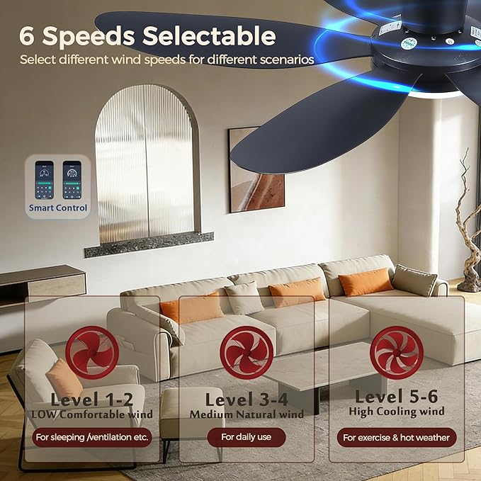GJeg Ceiling Fans with Lights,42" Low Profile Ceiling Fan with Light and Remote Control,Flush Mount, Reversible, Dimmable, Noiseless, Black Ceiling Fan for Bedroom