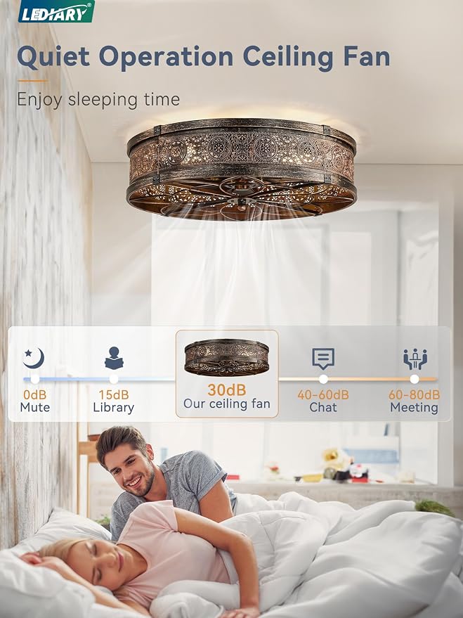 LEDIARY 20" Caged Ceiling Fans with Lights,Low Profile Flush Mount Enclosed Bladeless Farmhouse Ceiling Fan with Light and Remote,Black and Gold Vintage Victorian Rustic Fandelier for Bedroom,Kitchen