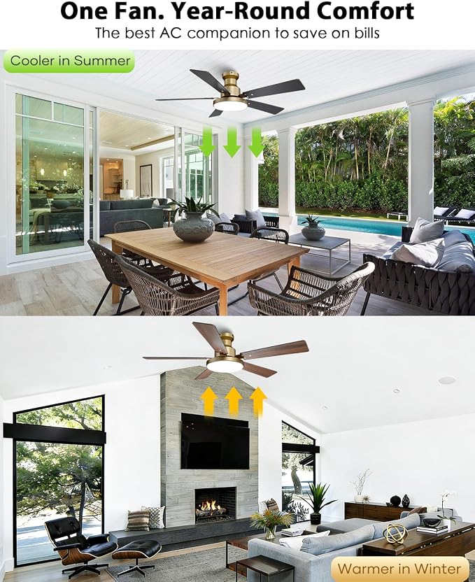 52 Inch Low Profile Gold Ceiling Fans with Lights and Remote/App, Modern Flush Mount Black and Gold Ceiling Fan, 12.2'' Large 3CCT LED Light Panel,6-Speed Quiet Motor for Bedroom Living Room