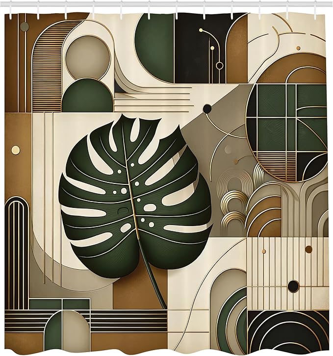 Ambesonne Modern Shower Curtain, Exotic Boho Concept Monstera Leaf with Mid Century Arch Lines Tan Tones, Cloth Fabric Bathroom Decor Set with Hooks, 69" W x 84" L, Hunter Green Eggshell