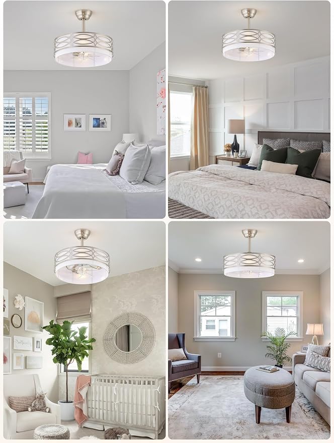 20" Silver Boho Ceiling Fan with Light, Caged Fandelier Ceiling Fans with Lights Remote Control with 6 Speeds for Bedroom, Living Room, Nursery