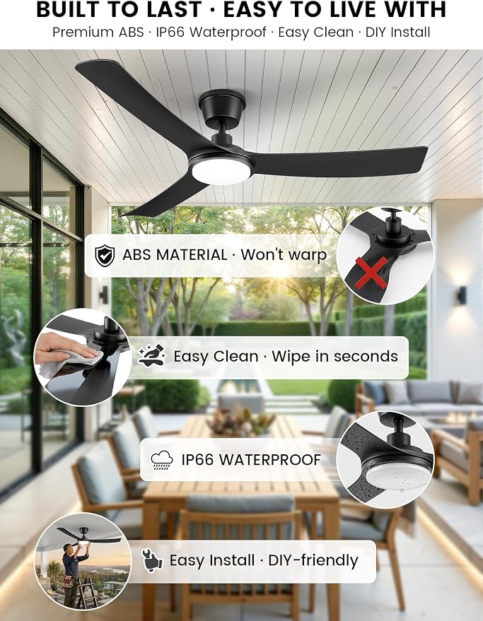 56" Outdoor Ceiling Fan with Light - IP66 Waterproof Black Ceiling Fans with Lights and Remote & App Control, Quiet DC Motor, 3 CCT, Dimmable LED Large Ceiling Fans for Patios, Gazebo, Porch