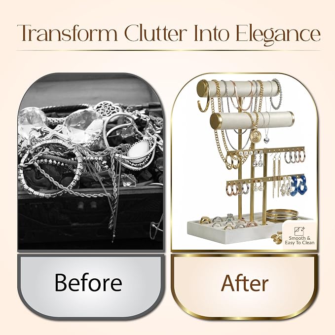 Jewelry Tower Stand Organizer for Women - Soft Touch Velvet Elegant Jewelry Holder Display with Necklace Holder, Earring Organizer & Bracelet Rack - Tabletop Stand for Dresser, Vanity, Desk - White