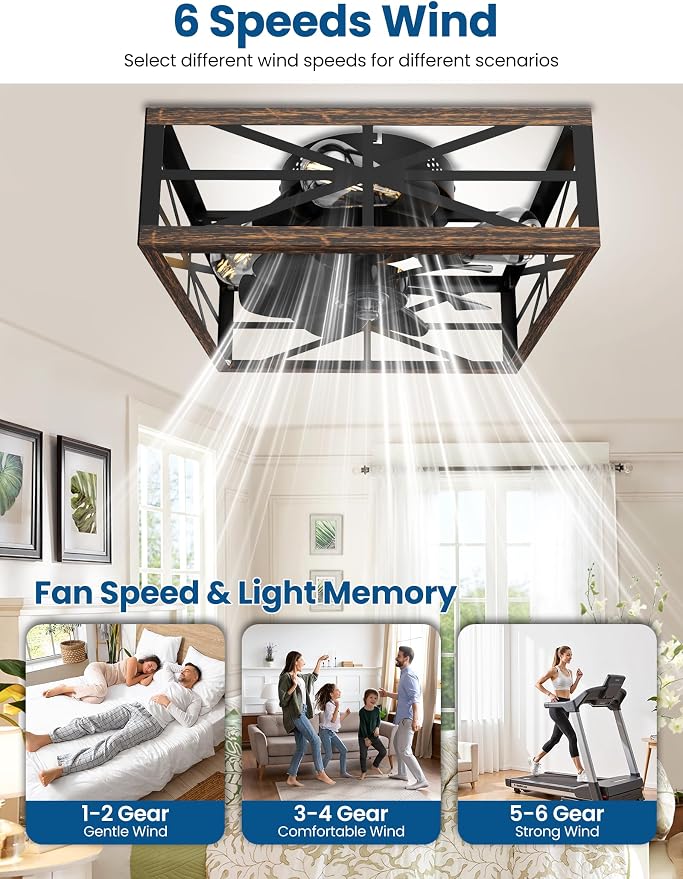 16" Caged Ceiling Fan with Light and Remote App Control, Rustic Square Flush Mount Low Profile Ceiling Fandelier Lights, 6 Speed and Reversible, Farmhouse Industrial Style for Bedroom, Kitchen