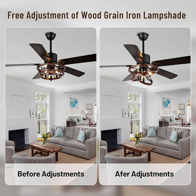 52" Adjustable Wood Grain Iron Cage Ceiling Fans with Lights | Industrial Farmhouse Ceiling Fan with 5 Reversible Dual-Color Blades,DC Quiet Motor,6 Speeds,Timer for Bedroom Living Room