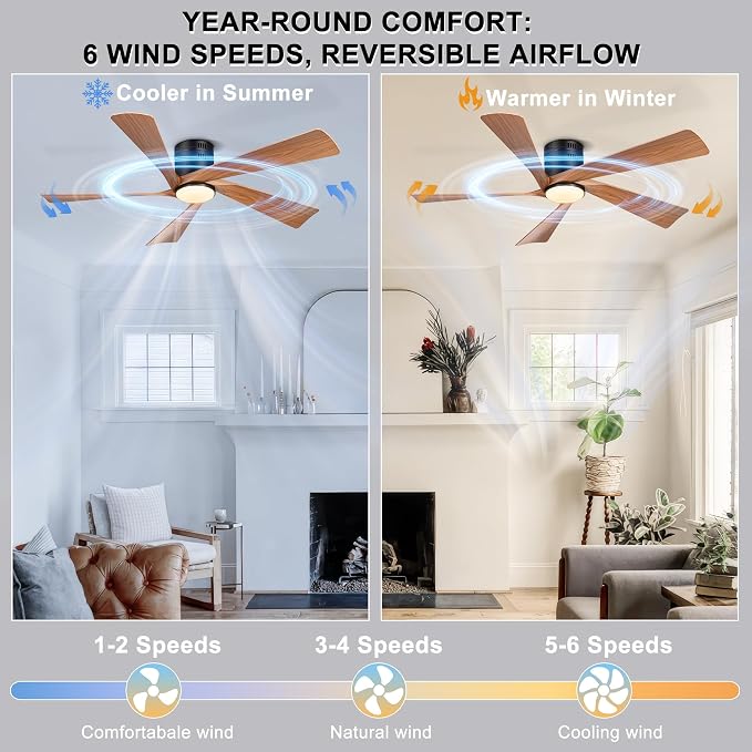 Ohniyou 52” Flush Mount Modern Farmhouse Ceiling Fan with Lights | Remote/APP Control, Low Profile, 3CCT Dimmable, Quiet DC Motor, Reversible, Covered Outdoor Overhead Fans, Black+Wood Color