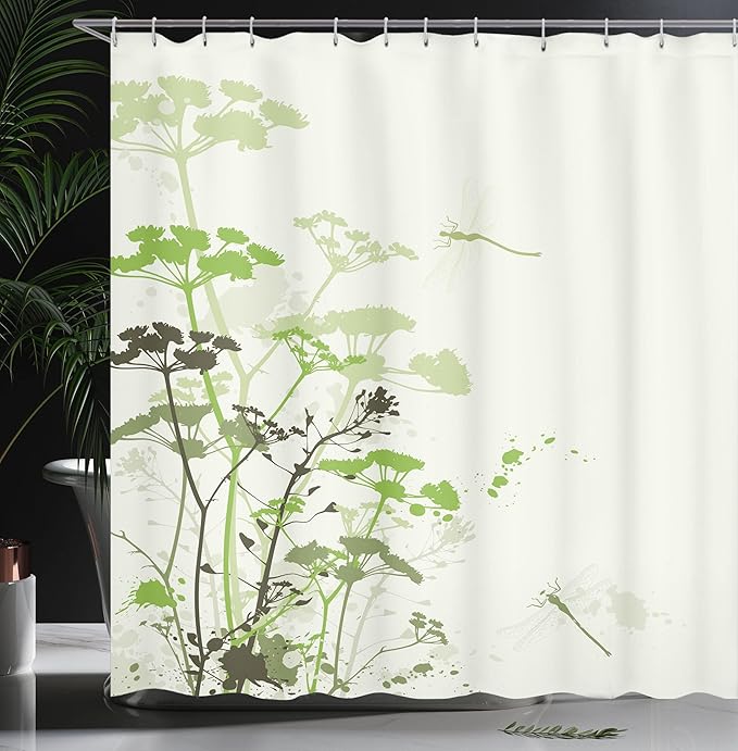Ambesonne Dragonfly Shower Curtain, Minimalist Foliage and Herbs Illustration with Dragonflies Winged Insects Mystic, Cloth Fabric Bathroom Decor Set with Hooks, 69" W x 75" L, Beige Green