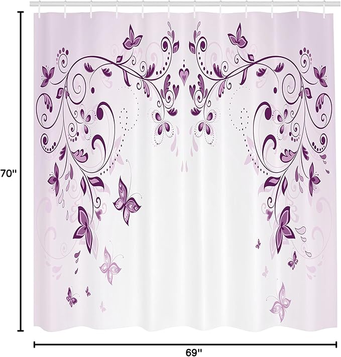 Ambesonne Purple Shower Curtain, Symmetric Victorian Period Inspired Spring Flower with Long Swirls Ceremony Woman, Cloth Fabric Bathroom Decor Set with Hooks, 69" W x 70" L, Violet