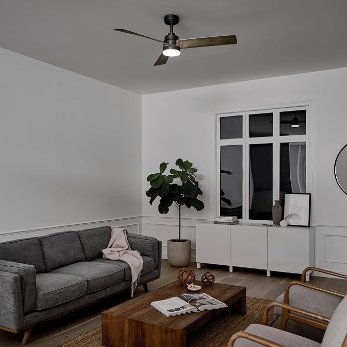 Kichler Spyn 52" Ceiling Fan with LED Lights in Anvil Iron, 3-Blade Contemporary Industrial Ceiling Fan, 3000K, Included Wall Control, (52" W x 14.5" H), 300275AVI