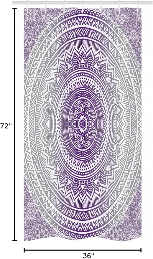 Ambesonne Grey and Purple Stall Shower Curtain, Eastern Traditional of Cosmos Pattern Boho Ombre Mandala Design Print, Fabric Bathroom Decor Set with Hooks, 36" W x 72" L, Purple White