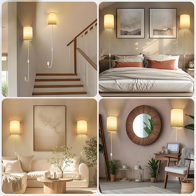 Plug in Wall Sconce, 3 Color, Set of Two, Industrial Wall Lamp with Plug in Cord, Rustic Fixture, On/Off Switch Vintage Wall Light Fixture for Headboard Bedroom Porch (White)