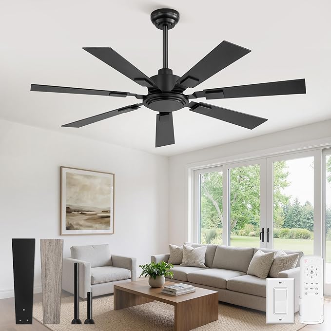 ZMISHIBO 52“ Ceiling Fans No Light with Remote, Black Modern Ceiling Fan Without Light, Quiet Reversible DC Motor, 6 Speeds, 7 Blades Indoor/Outdoor Ceiling Fan for Living Room Bedroom Patio Garage