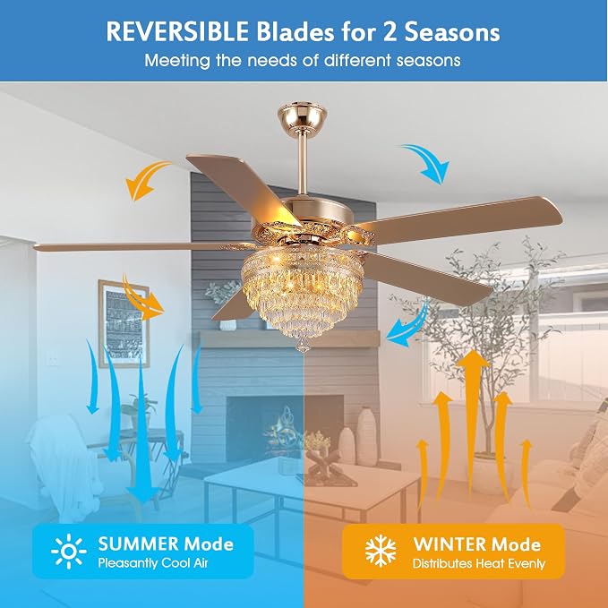 GJeg Crystal Ceiling Fan Fandelier with Lights - Retro Outdoor Fans with Remote Control, Farmhouse Ceiling Fan with Noiseless DC Reversible Motor,Dining Room,Living Room(62" Gold)