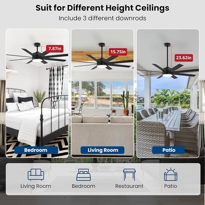 60 Inch Ceiling Fans with Lights and Remote, Dual Color 6 Blades, Bedroom Living Room Office Library Cafe Outdoor Industrial, 3CCT Dimmable, 6 Speed Reversible Quiet DC Motor, Black/Wood Grain