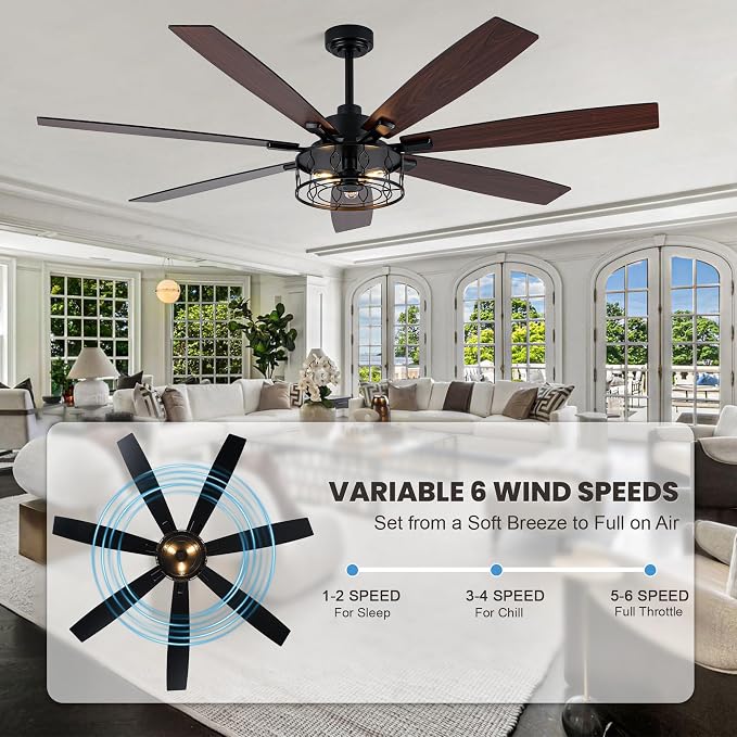 Dawn Whisper 72 Inch Farmhouse Ceiling Fans with Lights Black Industrial Caged Ceiling Fans with 6 Speed Reversible Motor and Dual Finish 8 Blades Rustic Ceiling Fan for Living Room