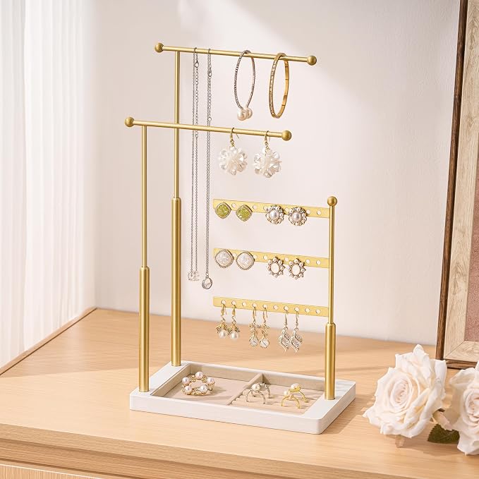 pickpiff Jewelry Organizer Holder Stand: 3 Tier Jewelry Storage Display for Necklace, Bracelet, Earring, Ring, White & Gold