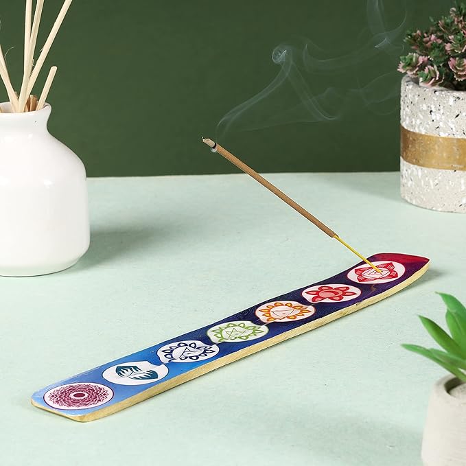 Bless-International Traditional-Handmade-Burner Wooden-Incense-Stick-Holder Ash-Catcher-Stand for-Aromatherapy-Meditation-Yoga (Seven Chakkra) 10 Inches, Pack of 2