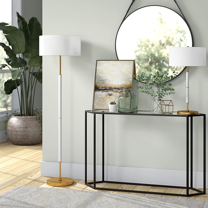Henn&Hart 2-Light Floor Lamp with Fabric Shade in Matte White/Brass/White, Floor Lamp for Home Office, Bedroom, Living Room