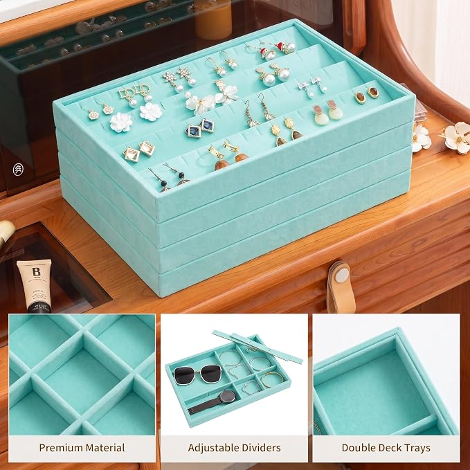 Frebeauty Jewelry Trays for Drawer,Set of 4 Jewelry Organizer and Storage | Velvet Material,Stackable,Adjustable Dividers,Drawer Inserts for Rings Studs Bracelet,Earring Organizer for Women Girls