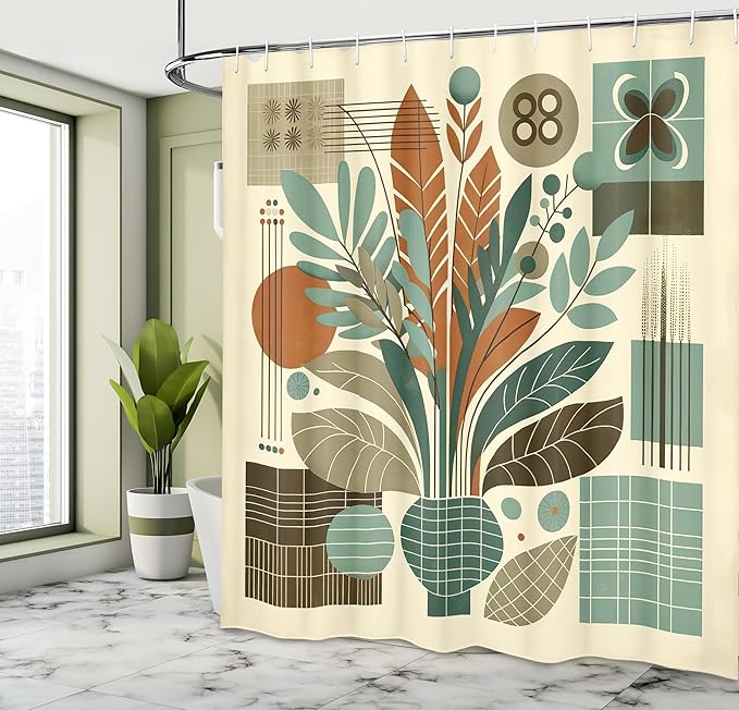 Ambesonne Mid Century Modern Shower Curtain, Abstract Retro Exotic Leaves Arrange in Vase with Lines, Cloth Fabric Bathroom Decor Set with Hooks, 69" W x 70" L, Beige Sage Green and Amber