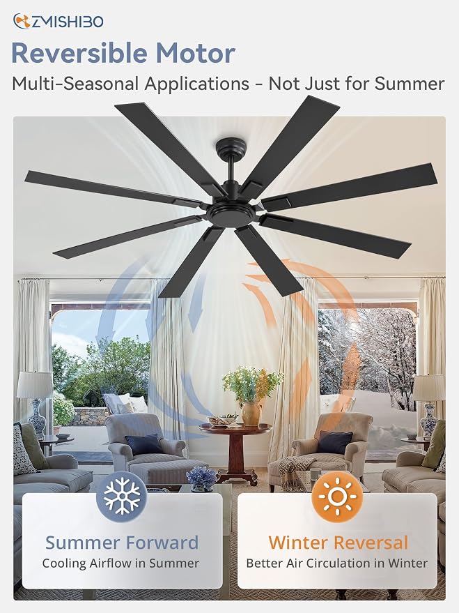72 Inch Ceiling Fan No Light with Remote, Black Large Ceiling Fan Without Light with Quiet Reversible DC Motor, 6-Speeds, 8 Blades, Indoor/Outdoor Modern Ceiling Fans for Patios, Living Room, Garage