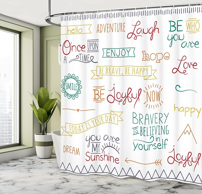 Ambesonne Adventure Shower Curtain, Various Words on Happiness and Self Value Uplifting Phrases Being Who You are, Cloth Fabric Bathroom Decor Set with Hooks, 69" W x 70" L, Jade Green