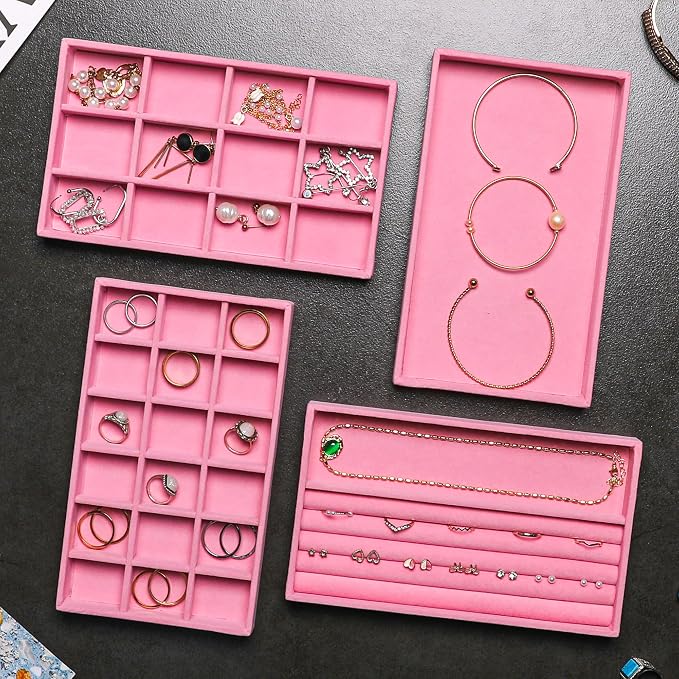 Frebeauty Jewelry Trays for Drawer,Set of 6 Jewelry Organizer and Storage | Velvet Material,Earring Holder Organizer,Stackable Jewelry Display for Vanity,Drawer Inserts for Rings,Studs,8.3×4.9 inch