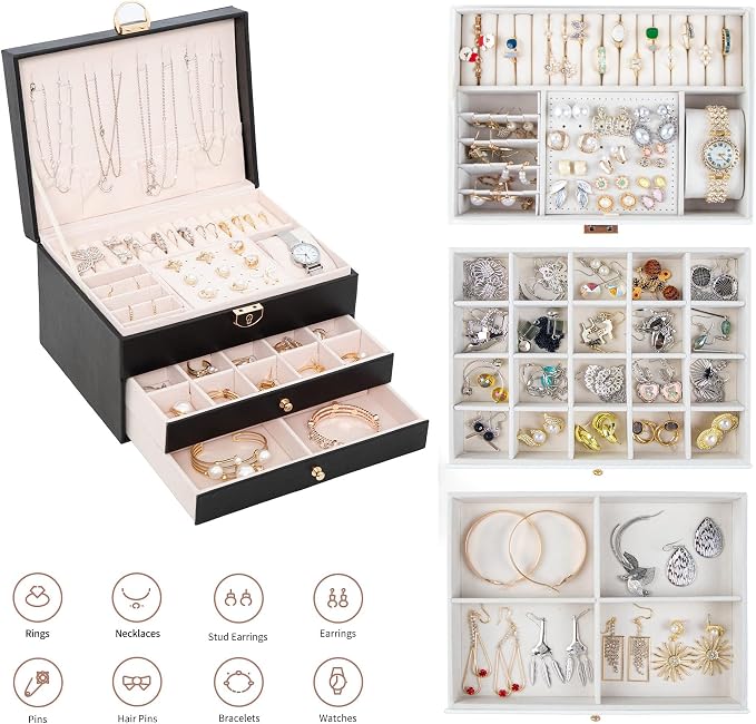 GUOER Jewelry Box for Women Girl Wife 3 Layers Large PU Leather Jewelry Organizer Storage Case with Two drawers Display for Earrings Bracelets Rings Watches (Black) | Vintage Quilting Stitching PU Leather, Earrings Bracelets Rings Necklace Watches Stor...