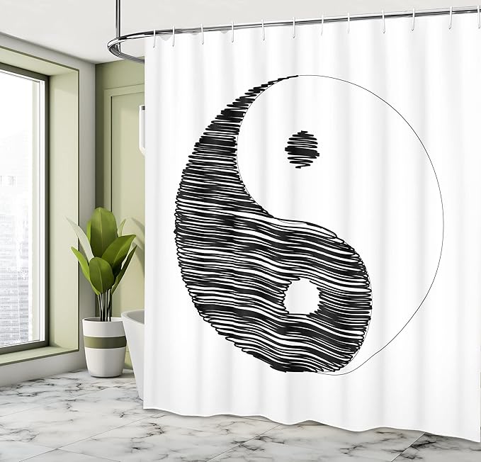 Ambesonne Ying Yang Shower Curtain, Sketch Style Yin Yang Pattern Active and Passive Power of Cosmos Theme, Cloth Fabric Bathroom Decor Set with Hooks, 69" W x 84" L, White Black