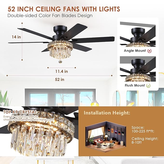 Asyko 52" Low Profile Crystal Ceiling Fans with LED Lights and Remote/APP | Supports Remote and APP,Reversible 6 Wind Speeds,30W Quiet DC Motor,6 Wood Blades,Dimmable 30W LED,Suits for Bedroom Kitchen