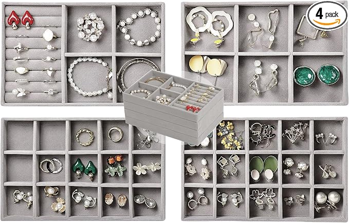 Set of 4 Stackable Jewelry Trays Organizer, Velvet Earring Organizer, Jewelry Organizer Showcase Display Drawer Organizer Storage, Earring Holder Necklace Bracelet Ring Accessary Organizers (Gray)