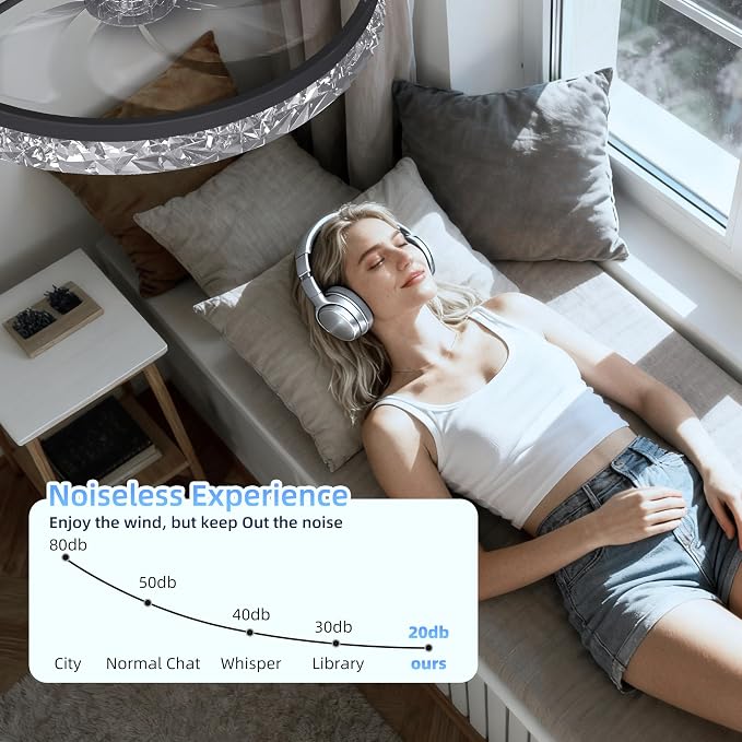 20'' Low Profile Ceiling Fan with Light and Remote, Diamond Black | Flush Mount 7-Blade Fandelier with App Control, 3CCT Dimmable, Reversible DC Motor, 6 Speeds Ceiling Fan for Bedroom