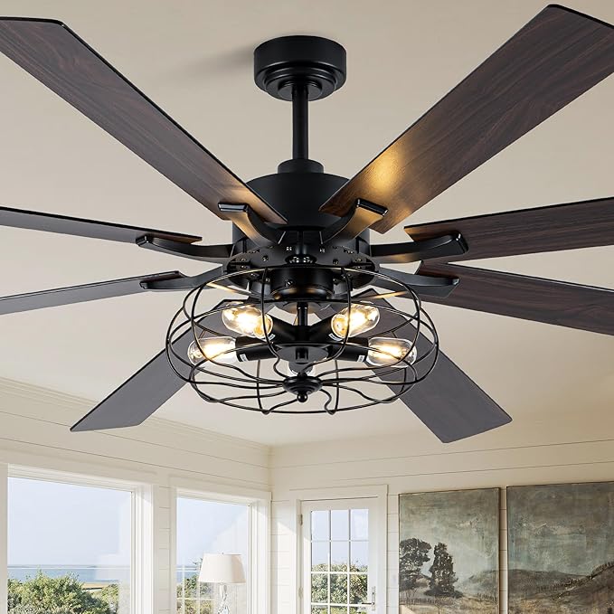 72 Inch Ceiling Fans with Lights Black Farmhouse Ceiling Fan with Remote for Living Room Large Caged Chandelier Fan 5*E26 Bulbs 6 Speed Reversible Quiet DC Motor Wood Blades (NO Bulbs)
