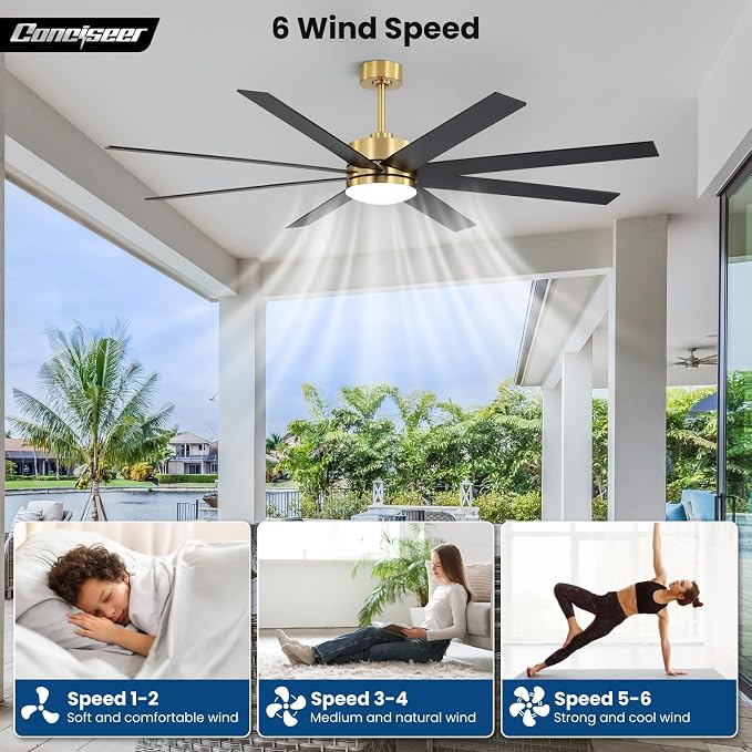 72 Inch Ceiling Fans with Lights and Remote, Dual Color 8 Blades, Living Room Office Library Cafe Indoor Outdoor Industrial, 3CCT Dimmable, 6 Speed Reversible Quiet DC Motor, Gold/Wood Grain