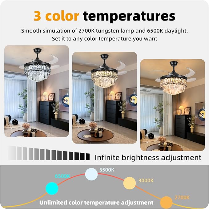 BAYSQUIRREL Retractable Crystal Ceiling Fan with Lights, Bluetooth Ceiling Fan with Speaker, 6-Speed Reversible Blades, RGB-LED Light, Low Profile Modern Fandelier Fan for Bedroom Living Room 42"