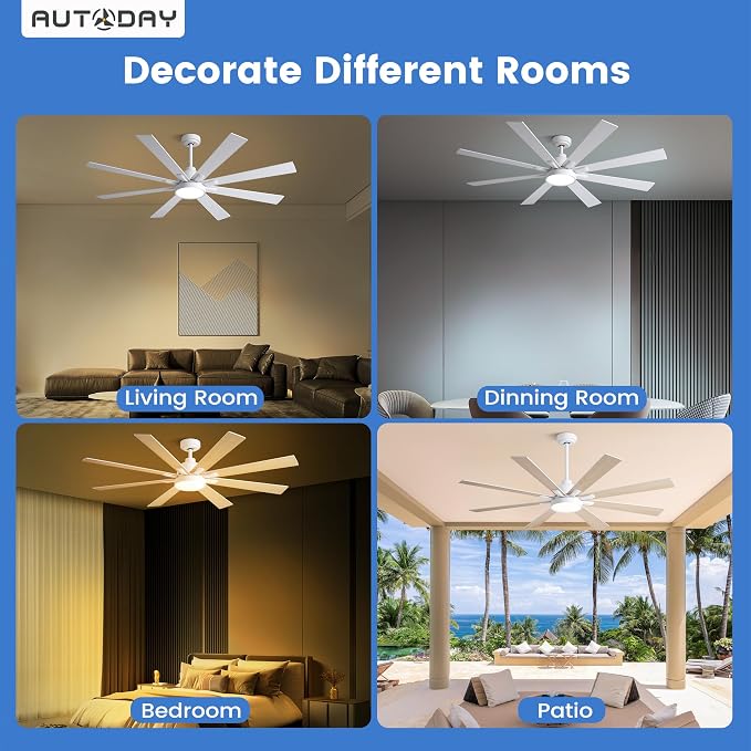 Large Ceiling Fans with Lights and Remote - 62 Inch White Ceiling Fan with Light, Quiet DC Motor, 3 CCT,Modern Dimmable LED Lighting & Large Ceiling Fans for Living Room Patio, Indoor/Outdoor