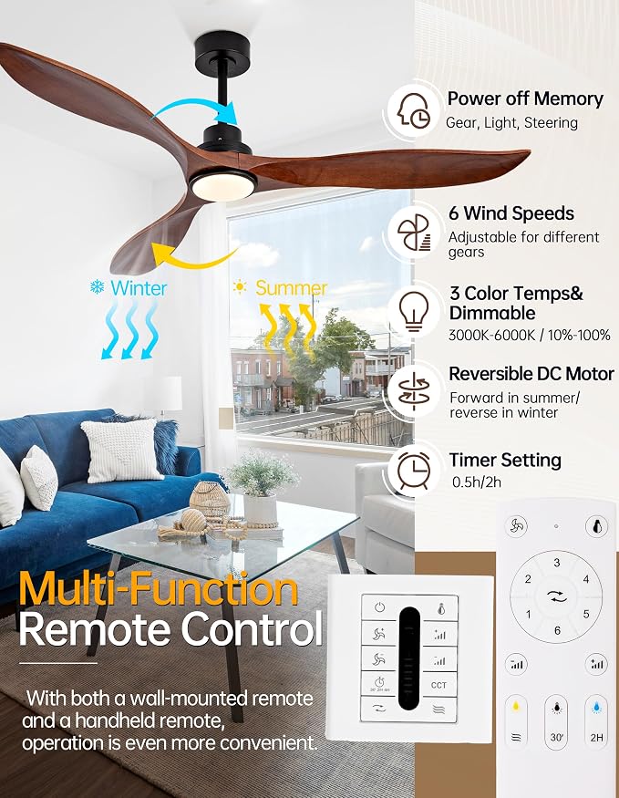 52 Inch Solid Wood Ceiling Fans with Lights and Remote, 3 Blade Walnut Outdoor Ceiling Fans with Wall Control, Dimmable, 6 Speeds, Quiet DC Motor for Bedroom/Patios/Farmhouse/Living Room