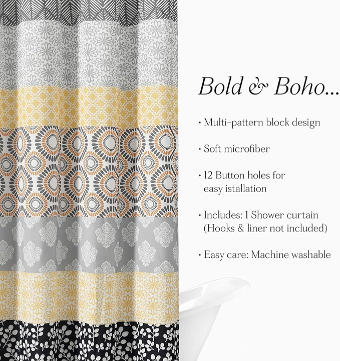 Lush Decor Bohemian Stripe Shower Curtain, 72" W x 72" L, Yellow & Gray - Bathroom Curtain - Striped Shower Curtain - Boho Decor - Fabric Shower Curtains