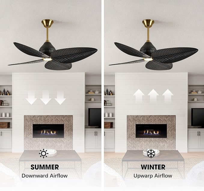 52" Tropical Ceiling Fans with Lights, Indoor Palm Leaf Ceiling Fan with Light and Remote for Living Room Bedroom, ABS Blades, Dimmable LED Lights, 6 Speeds, Adjustable Height-Black Gold